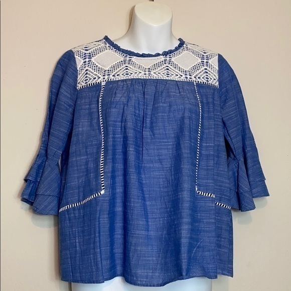 Loft Outlet Babydoll Blue Top with Lace - Picture 2 of 9